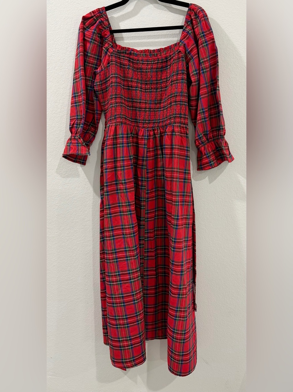 Boutique Red Green Traditional Tartan Plaid Smocked Christmas Midi Dress XL